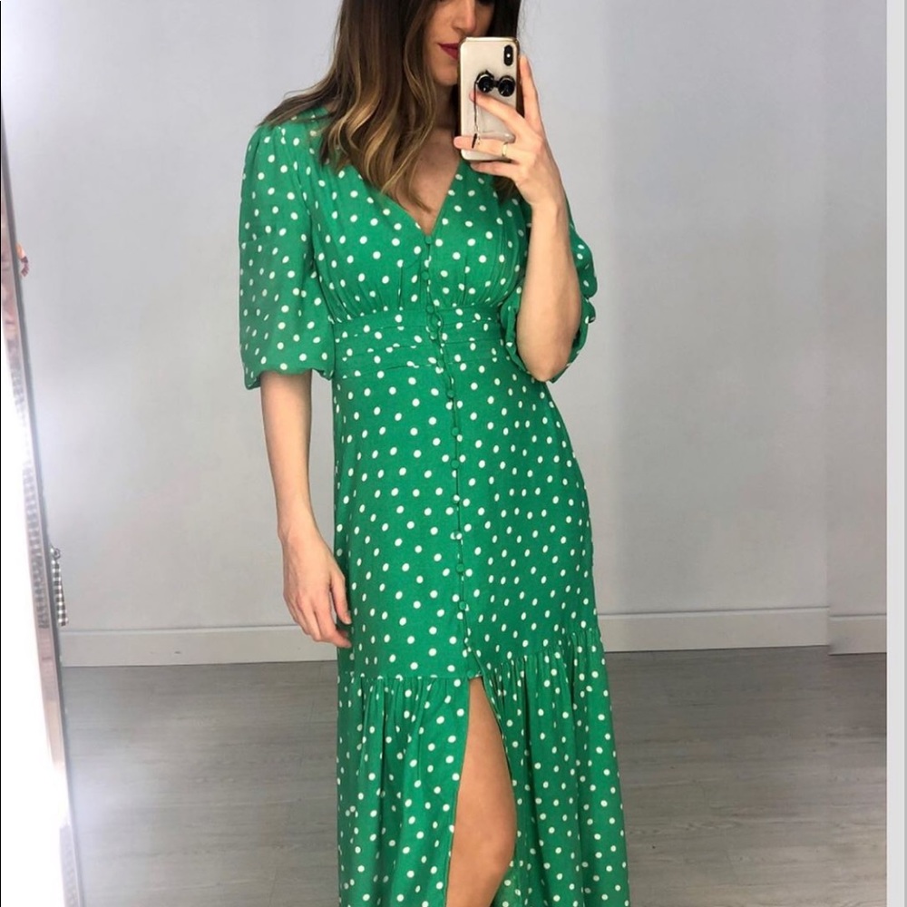 NWT Zara Green & White Polka Dot Satin Midi Dress - Picture 4 of 10